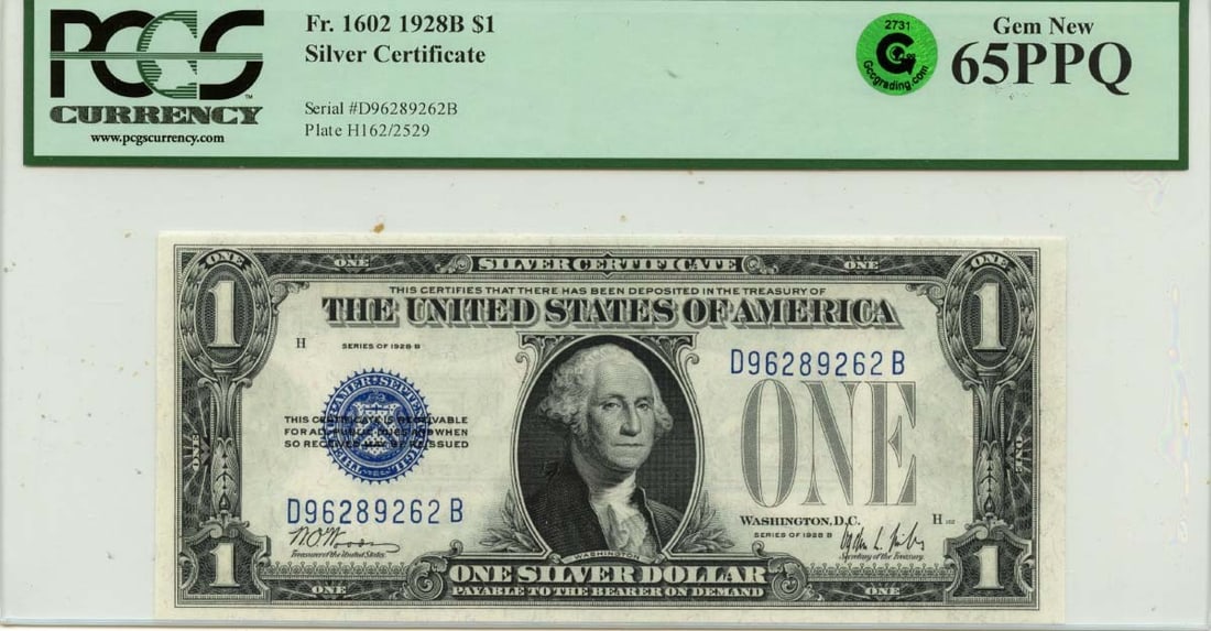 1928B Silver Certificate One Dollar PCGS Gem65 PPQ Certified: 1928B Silver Certificate One Dollar PCGS Gem65 PPQ Certified This is a 1928B $1 Silver Certificate from the United States, certified by PCGS Currency with a Gem65 PPQ grade. The note remains uncircula