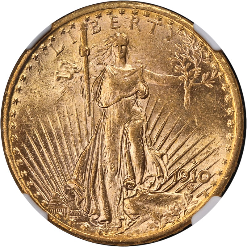 NGC MS63 1910-S $20 Saint-Gaudens Gold Coin with Strong Luster: NGC MS63 1910-S $20 Saint-Gaudens Gold Coin with Strong Luster This original 1910-S Saint-Gaudens Gold $20 coin is certified by NGC with a grade of MS63. It features attractive eye appeal, exceptional