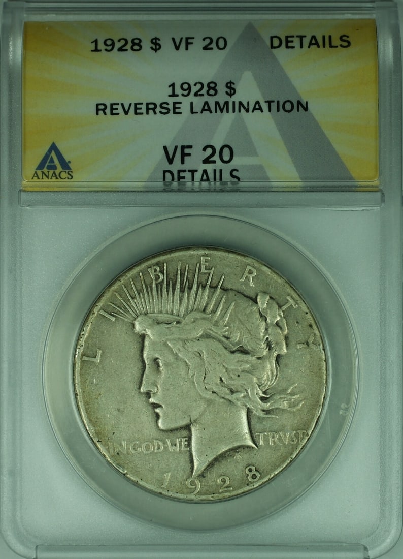 1928 Peace Silver Dollar ANACS VF-20 Reverse Lamination Variety: 1928 Peace Silver Dollar ANACS VF-20 Reverse Lamination Variety This 1928 Peace Silver Dollar from the United States is graded VF-20 by ANACS and features reverse lamination details. Minted in Philade
