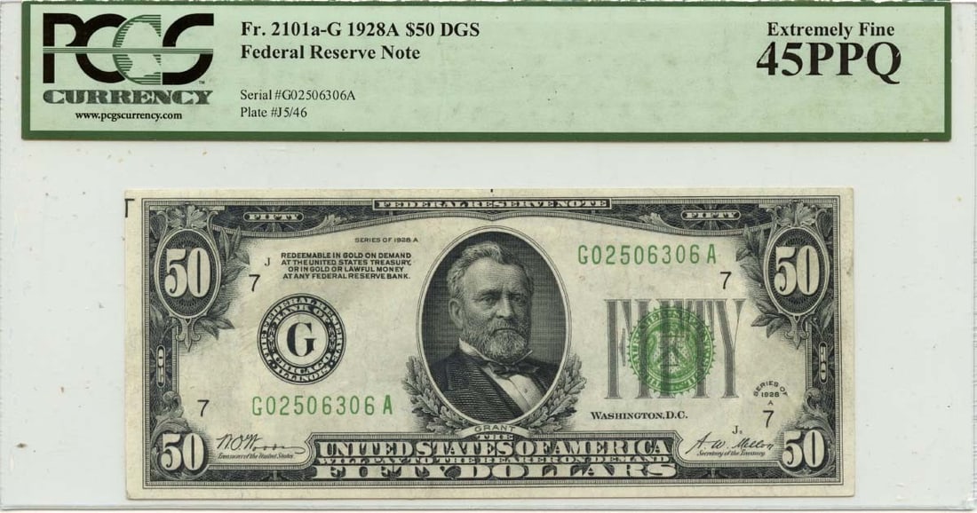 PCGS XF45 1928A Chicago $50 Federal Reserve Note FR2101a-G: PCGS XF45 1928A Chicago $50 Federal Reserve Note FR2101a-G This is a 1928A $50 Federal Reserve Note from Chicago, certified by PCGS Currency with a grade of XF45. The note is circulated and originates