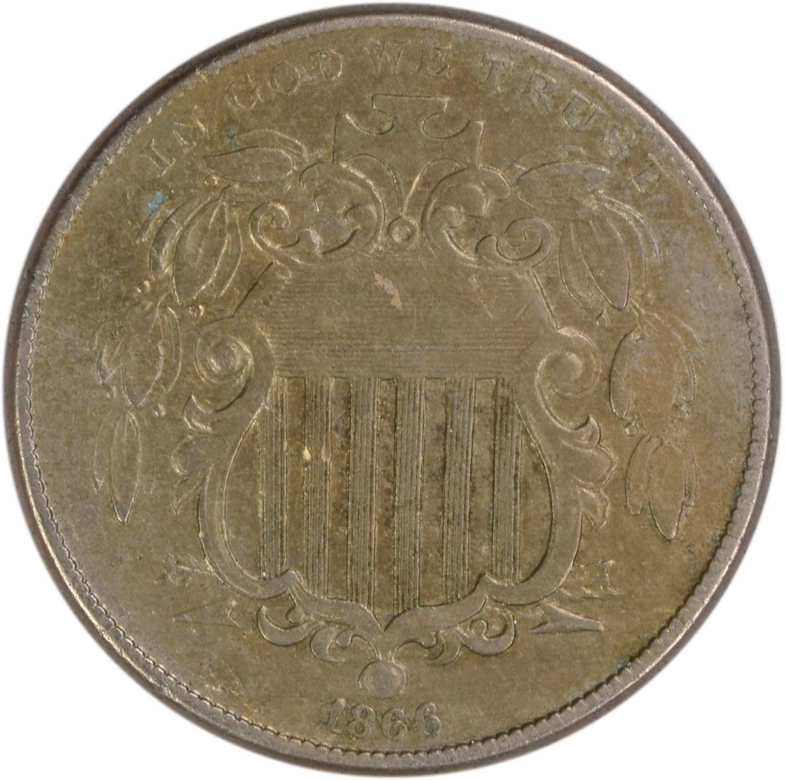 1866 United States Shield Nickel Rays Five Cent Coin VF Grade Uncertified: 1866 United States Shield Nickel Rays Five Cent Coin VF Grade Uncertified This 1866 Shield Nickel features the Rays design and was struck at the Philadelphia Mint. Designed by James Barton Longacre, t