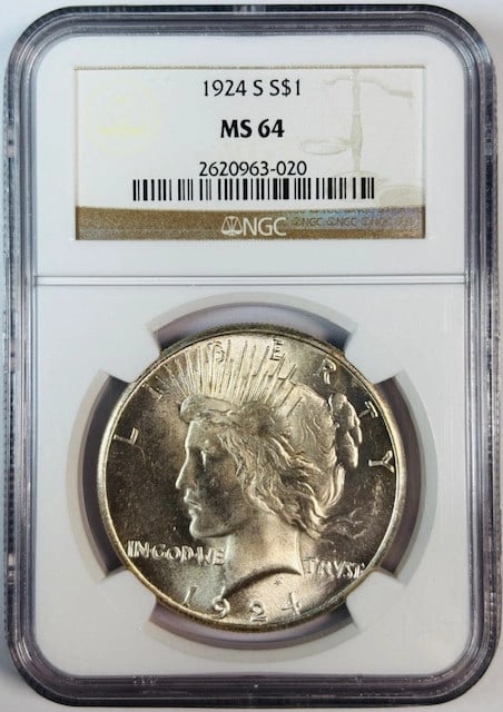 NGC Graded 1924 San Francisco Silver Peace Dollar MS64: NGC Graded 1924 San Francisco Silver Peace Dollar MS64 This is a 1924 S Peace Dollar certified by NGC with a grade of MS 64. Struck at the San Francisco Mint, this uncirculated coin is composed of sil