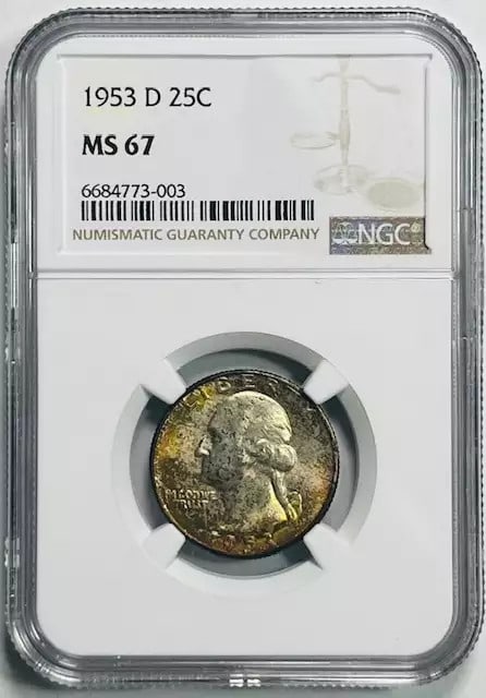 1953 D Washington Quarter Silver NGC MS 67 Uncirculated: 1953 D Washington Quarter Silver NGC MS 67 Uncirculated This 1953 D Washington Quarter is a stunning example, certified by NGC with a remarkable grade of MS-67, indicating its uncirculated condition.