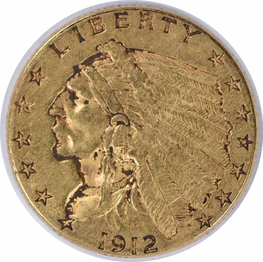 1912 Indian Head $2.50 Gold Coin AU Philadelphia Uncertified: 1912 Indian Head $2.50 Gold Coin AU Philadelphia Uncertified This 1912 $2.50 Gold Indian coin from the United States features a design by Bela Lyon Pratt and was minted in Philadelphia. It is composed