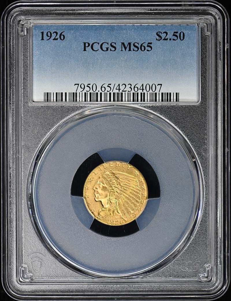 PCGS MS65 Indian Head Quarter Eagle Gold Coin 1926: PCGS MS65 Indian Head Quarter Eagle Gold Coin 1926 This 1926 Indian Head $2.50 gold coin is certified by PCGS with a grade of MS65, indicating an uncirculated condition. Minted in Philadelphia, this p