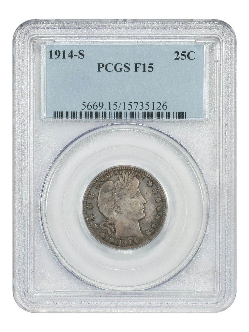 PCGS Fine 15 1914-S Barber Quarter Key Date San Francisco: PCGS Fine 15 1914-S Barber Quarter Key Date San Francisco This 1914-S Barber Quarter is graded PCGS Fine 15 and features a circulated condition. Minted in San Francisco, this coin is part of the Barbe