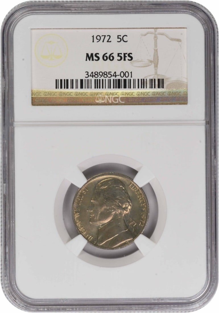 1972 Jefferson Nickel NGC Certified MS66 Five Full Steps: 1972 Jefferson Nickel NGC Certified MS66 Five Full Steps This is a 1972 Jefferson Nickel graded MS67 by NGC. The coin is uncirculated and was minted in Philadelphia. Designed by Felix Schlag, it featu