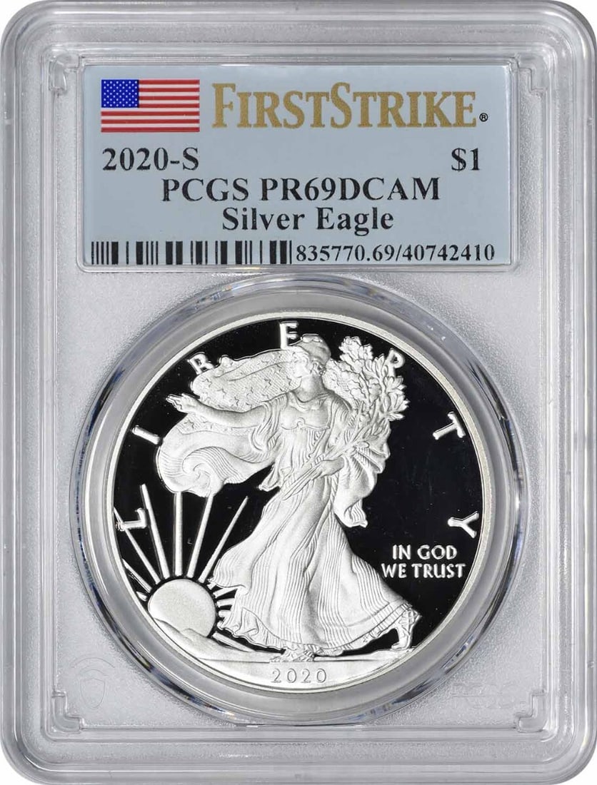 2020-S American Silver Eagle PR69DCAM Proof PCGS Certified Coin: 2020-S American Silver Eagle PR69DCAM Proof PCGS Certified Coin This 2020-S American Silver Eagle coin is a stunning example of U.S. Mint craftsmanship, graded PR69DCAM by PCGS for its exceptional qua