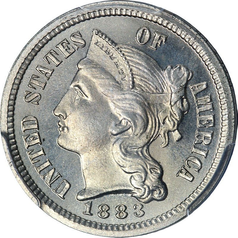 Proof 1883 Three Cent Nickel PCGS PR66 Plus With CAC Sticker: Proof 1883 Three Cent Nickel PCGS PR66 Plus With CAC Sticker This original 1883 Three Cent Nickel Proof coin has been graded PCGS PR66+ and features a CAC sticker, indicating high quality for its grad