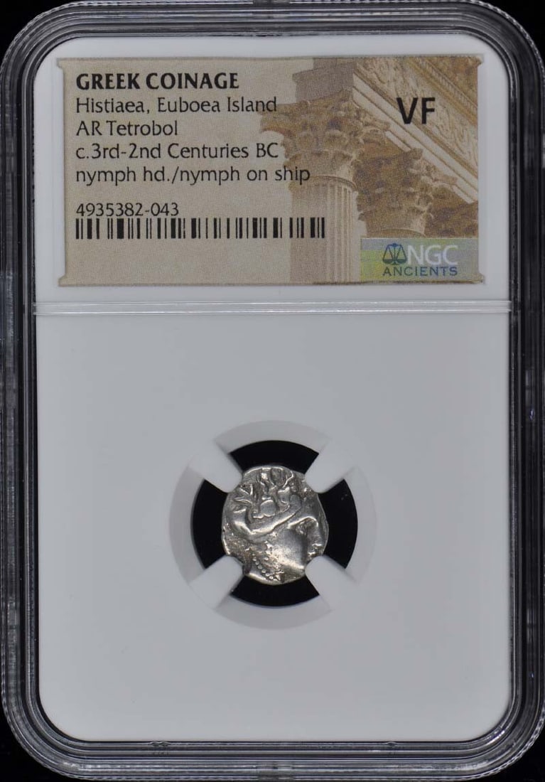Histiaea Euboea Ancient Greek AR Tetrobol Coin NGC VF20: Histiaea Euboea Ancient Greek AR Tetrobol Coin NGC VF20 This ancient Greek coin, known as a Tetrobol from Histiaea on Euboea Island, is a remarkable collectible piece. It features a certification from