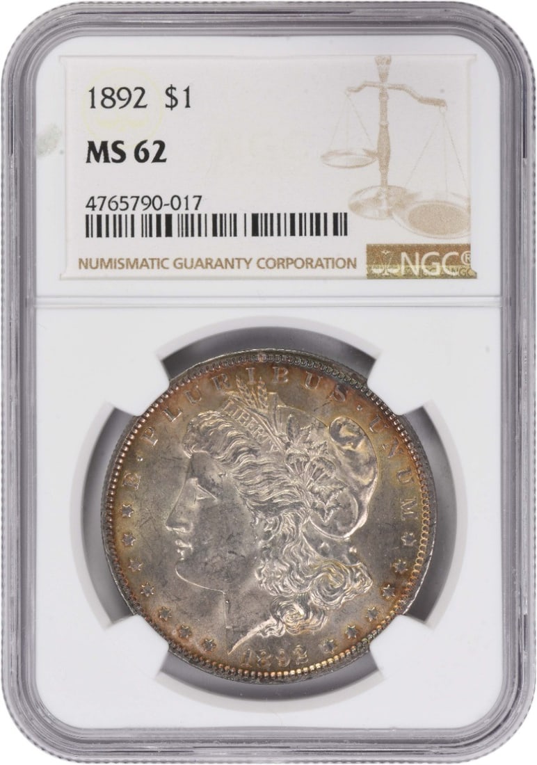 1892 Philadelphia Morgan Dollar 90 Percent Silver NGC MS62 Certified: 1892 Philadelphia Morgan Dollar 90 Percent Silver NGC MS62 Certified This 1892 Morgan Silver Dollar is graded MS62 by NGC and features a composition of 90% silver and 10% copper. Minted in Philadelphi