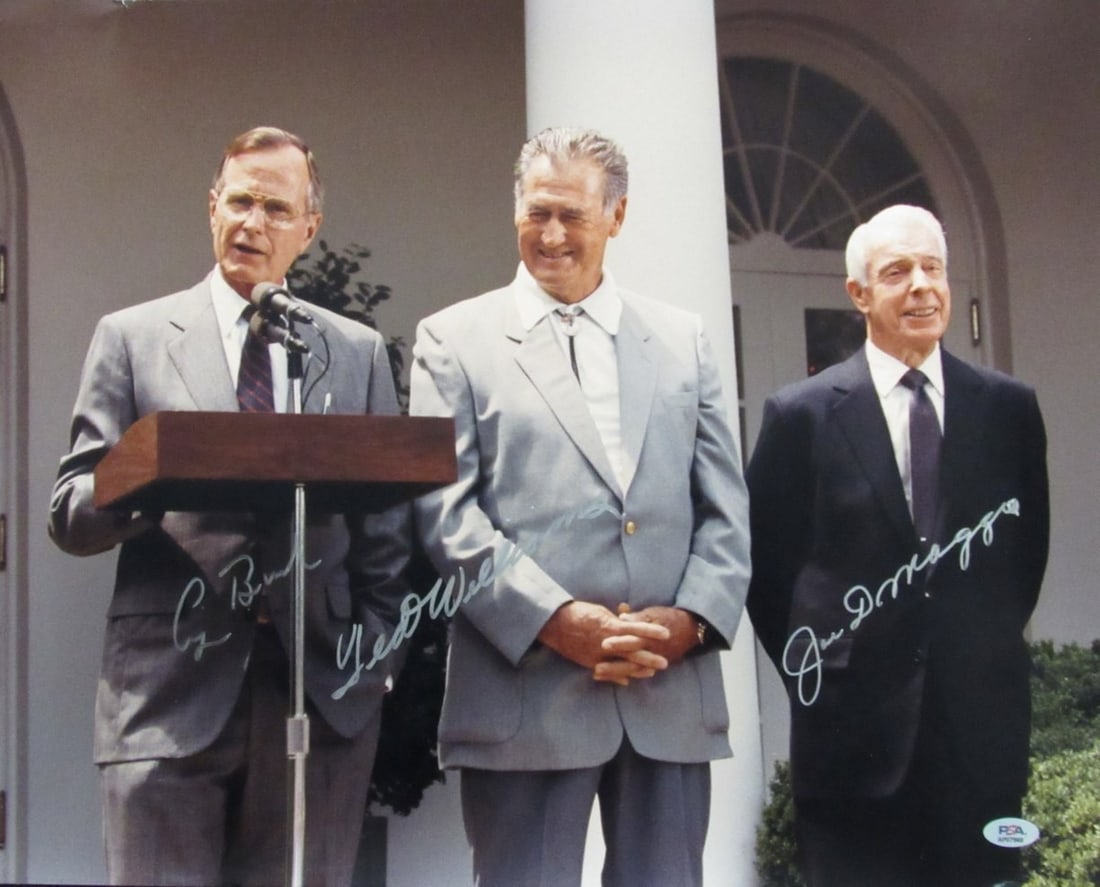Williams DiMaggio Bush Multi-Signed Photo 16x20 PSA DNA 201595: Williams DiMaggio Bush Multi-Signed Photo 16x20 PSA DNA 201595 This remarkable multi-signed 16x20 photo commemorates a historic moment from the official Presidential Citation Ceremony on July 9, 1991,
