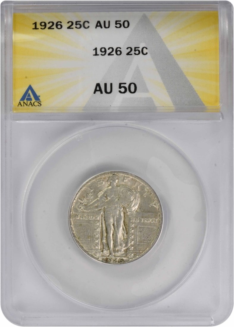 ANACS AU50 1926 Standing Liberty 25C Silver Coin from Philadelphia: ANACS AU50 1926 Standing Liberty 25C Silver Coin from Philadelphia This 1926 Standing Liberty Quarter was minted in Philadelphia and features a composition of 90% silver and 10% copper. Certified by A