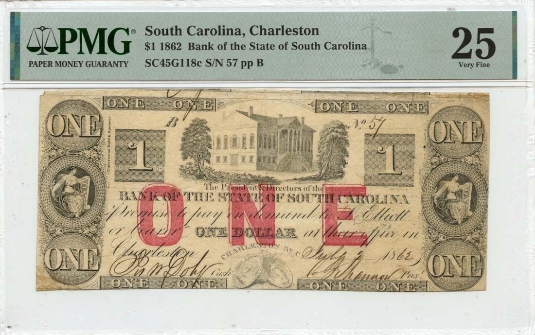 1862 $1 Charleston SC Obsolete Note PMG VF25 Certified: 1862 $1 Charleston SC Obsolete Note PMG VF25 Certified This 1862 $1 South Carolina Charleston note is an obsolete currency piece certified by PMG with a grade of VF25, indicating it is in very fine co