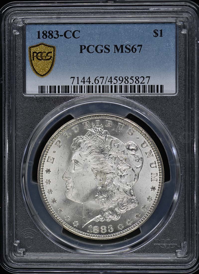 1883-CC Morgan Dollar PCGS MS67 Uncirculated Coin Carson City: 1883-CC Morgan Dollar PCGS MS67 Uncirculated Coin Carson City This 1883-CC Morgan Dollar is a stunning example of American coinage, certified by PCGS with a grade of MS67, indicating its exceptional q