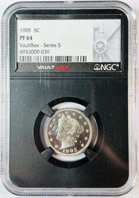 NGC PF 64 1905 Liberty Head Nickel Proof Coin: NGC PF 64 1905 Liberty Head Nickel Proof Coin This 1905 Liberty Head Nickel is a proof coin graded PF 64 by NGC. It is composed of nickel and is certified as uncirculated. The coin was struck in the U