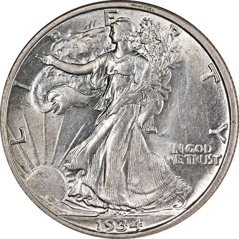1934-S San Francisco Walking Liberty Half Dollar Uncirculated Silver Coin: 1934-S San Francisco Walking Liberty Half Dollar Uncirculated Silver Coin This 1934-S Walking Liberty Half showcases excellent eye appeal with its bright white luster and strong strike. Certified as U