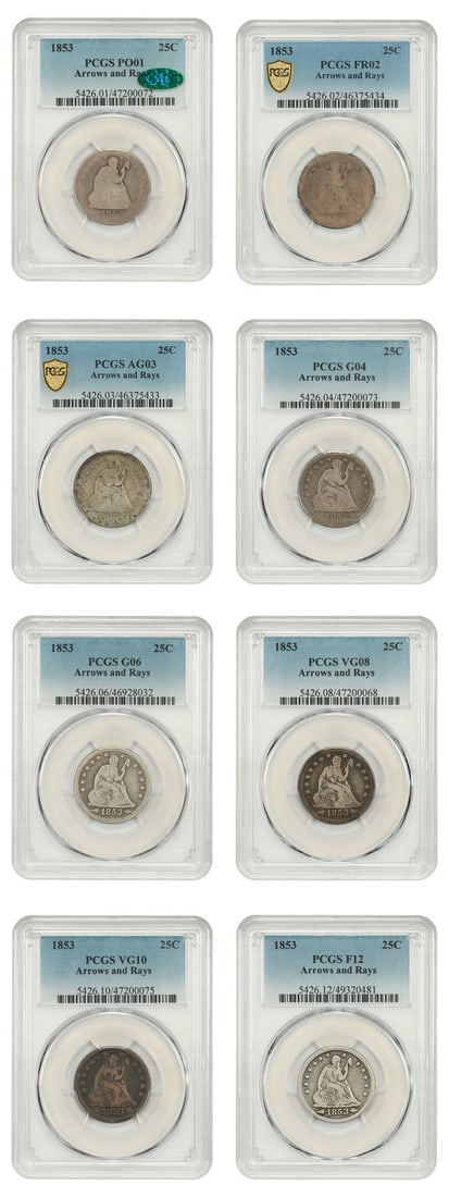 1853 Liberty Seated Quarter PCGS Set Arrows and Rays 19 Graded Coins CAC: 1853 Liberty Seated Quarter PCGS Set Arrows and Rays 19 Graded Coins CAC This set includes 19 Liberty Seated Quarters from 1853, each featuring the Arrows and Rays design and graded by PCGS across a r