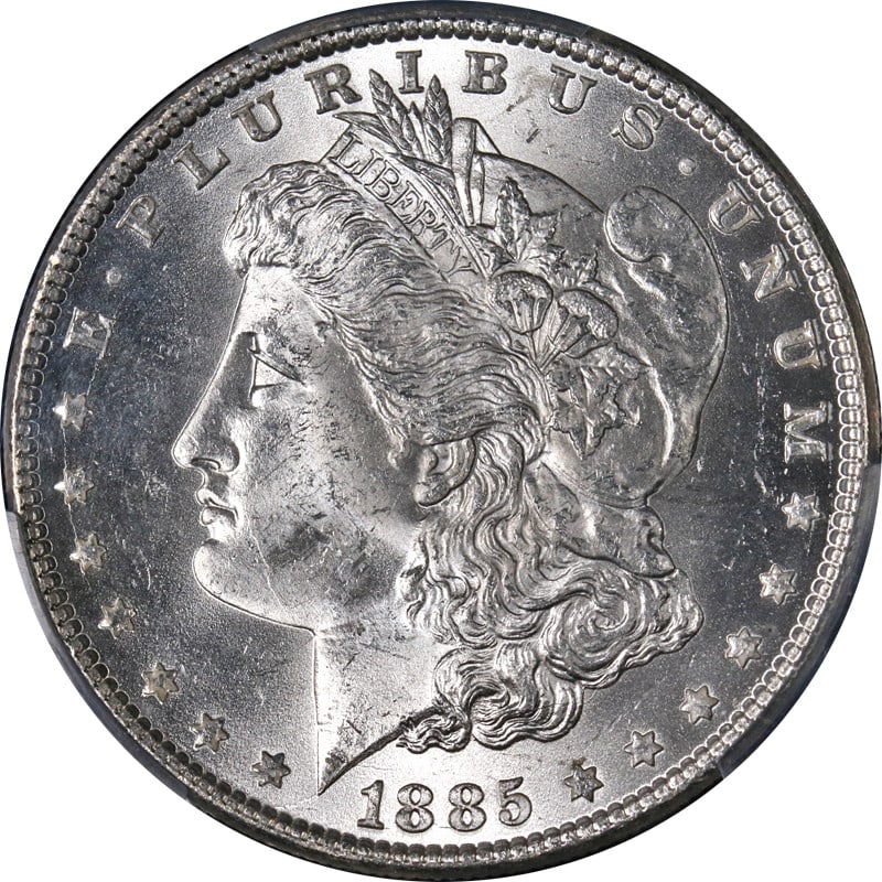 PCGS MS64 1885-P Morgan Dollar Uncirculated Silver Coin Strong Strike: PCGS MS64 1885-P Morgan Dollar Uncirculated Silver Coin Strong Strike This 1885-P Morgan Silver Dollar is certified by PCGS with a grade of MS64, indicating it is in uncirculated condition. The coin f