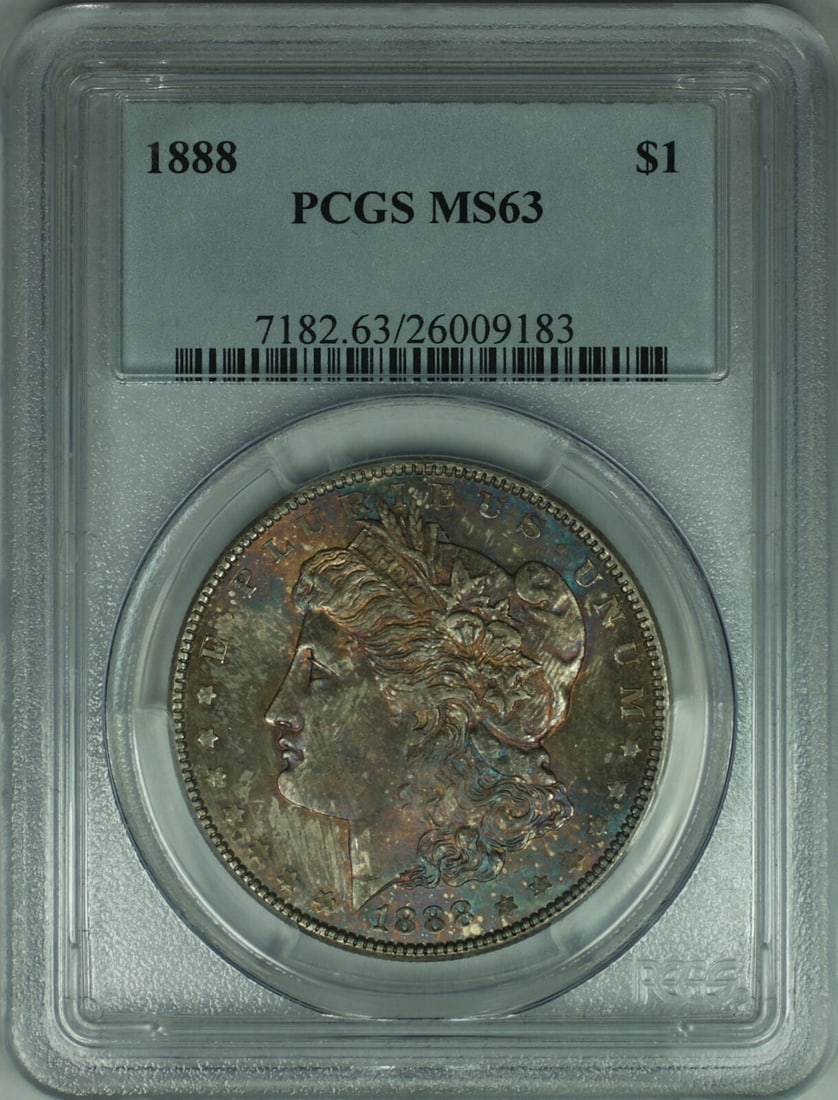PCGS MS63 1888 Morgan Dollar Uncirculated Silver Coin Philadelphia: PCGS MS63 1888 Morgan Dollar Uncirculated Silver Coin Philadelphia This 1888 Morgan Silver Dollar features a beautifully toned surface and is certified by PCGS with a grade of MS-63. Struck in Philade