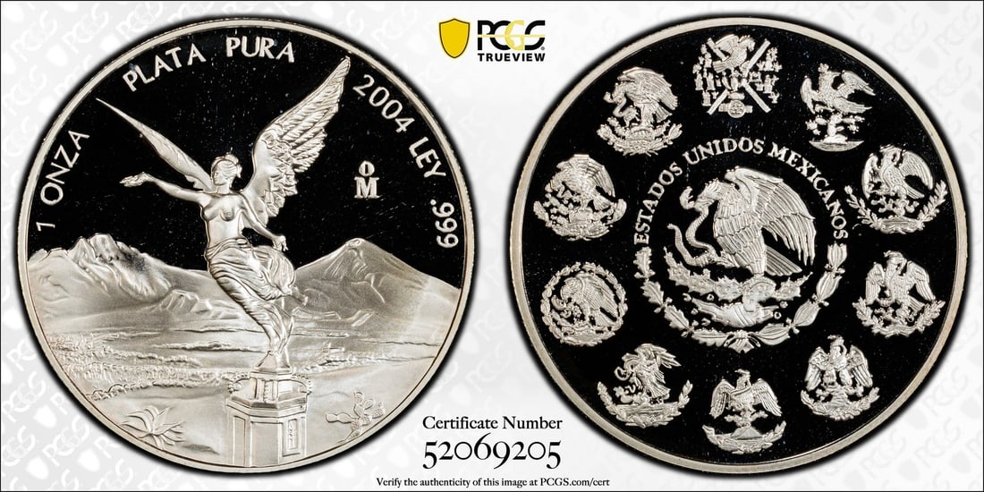 2004 Mexico Libertad 1 oz Silver Proof Coin PR68 DCAM PCGS: 2004 Mexico Libertad 1 oz Silver Proof Coin PR68 DCAM PCGS This stunning 2004 Mexican Libertad coin features a composition of high-quality silver with a fineness of 0.999. It is a 1 oz proof coin, gra