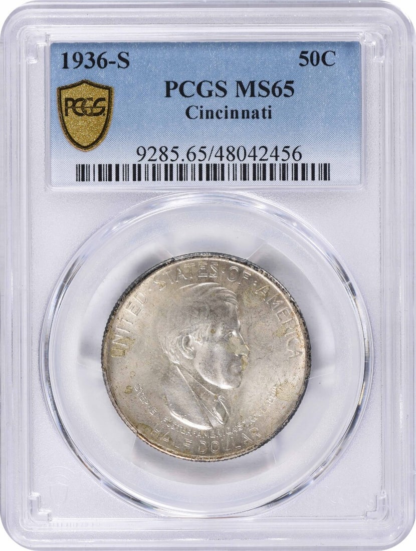 1936-S Cincinnati Commemorative Silver Half Dollar MS65 PCGS: 1936-S Cincinnati Commemorative Silver Half Dollar MS65 PCGS This 1936-S Cincinnati Commemorative Silver Half Dollar is a remarkable addition for collectors. Graded MS65 by PCGS, this uncirculated coi
