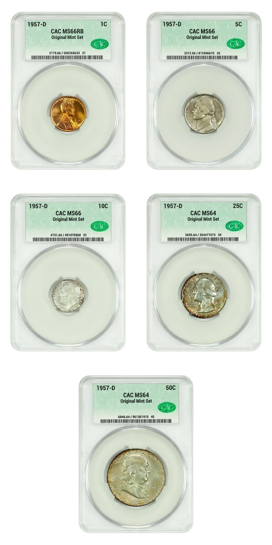1957-D Mint Set 5 Uncirculated Coins CACG MS64-66: 1957-D Mint Set 5 Uncirculated Coins CACG MS64-66 This lot features a collection of five uncirculated coins from the 1957-D Mint Set, all certified by CACG. Included in this set are coins of the follo