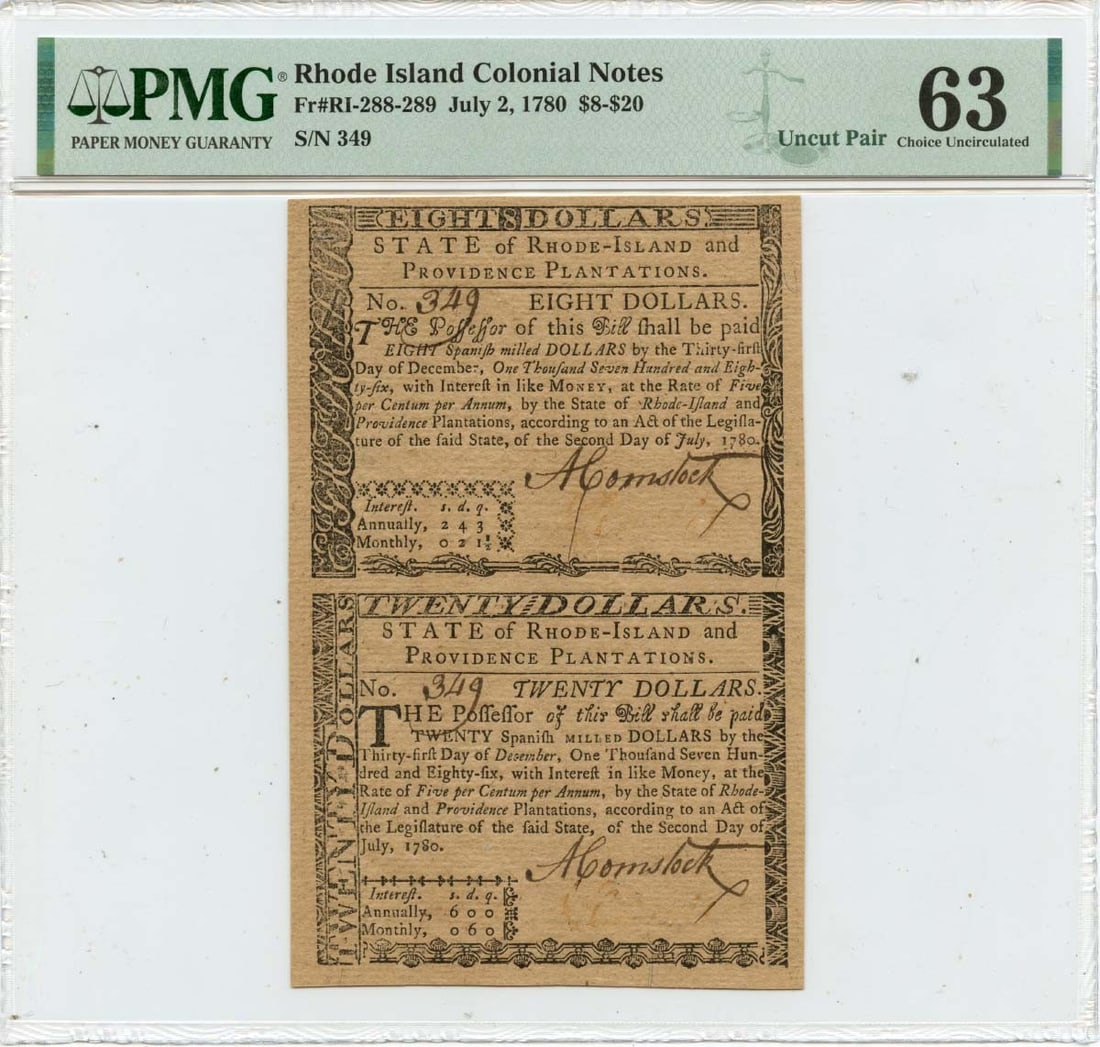 Uncut Pair Rhode Island $8 $20 Colonial Notes July 2 1780 PMG CU63: Uncut Pair Rhode Island $8 $20 Colonial Notes July 2 1780 PMG CU63 This uncut pair of Rhode Island Colonial currency notes dated July 2, 1780, features denominations of $8 and $20. Certified by PMG wi