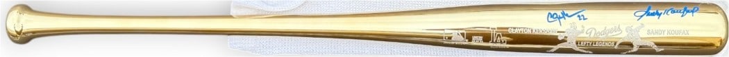 Sandy Koufax Clayton Kershaw Signed Lefty Legends Bat /34 MLB Authenticated: Sandy Koufax Clayton Kershaw Signed Lefty Legends Bat /34 MLB Authenticated Celebrate baseball history with this rare Sandy Koufax and Clayton Kershaw signed Lefty Legends gold metallic bat. This orig