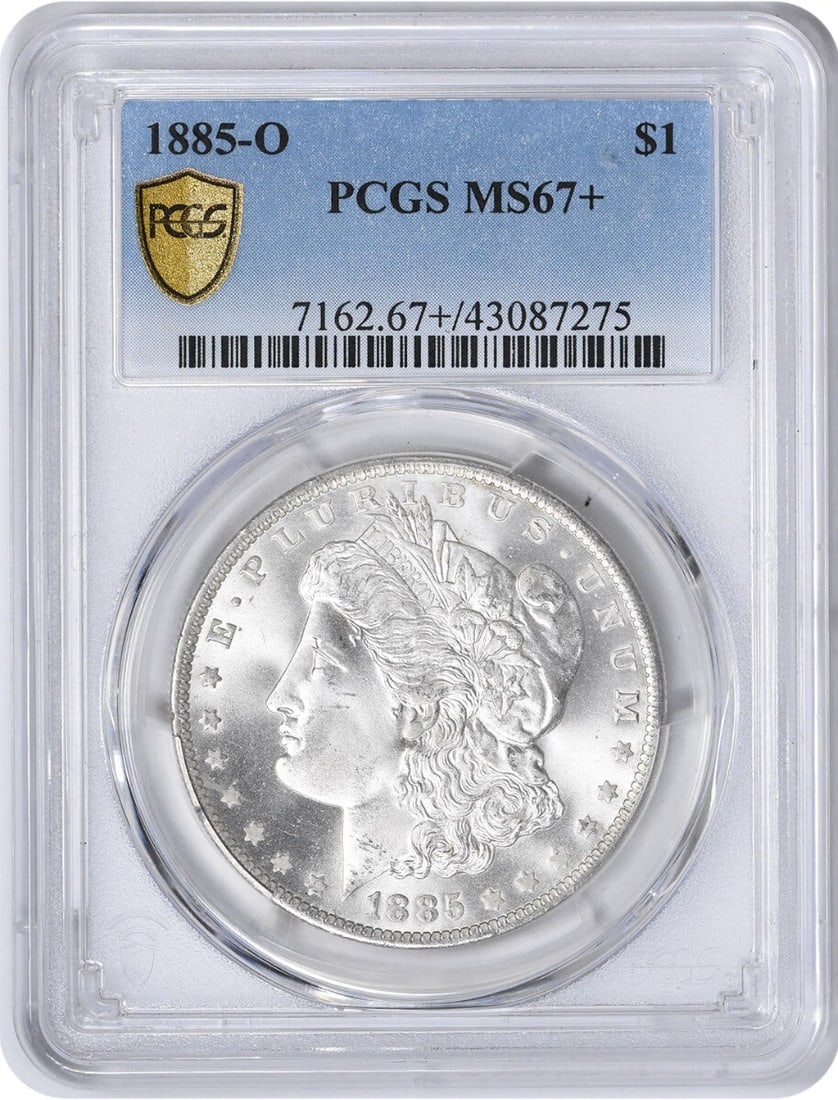1885-O Morgan Silver Dollar MS67+ PCGS Uncirculated Coin: 1885-O Morgan Silver Dollar MS67+ PCGS Uncirculated Coin This stunning 1885-O Morgan Silver Dollar is certified by PCGS with a remarkable grade of MS67+. Struck in 90% silver and 10% copper at the New