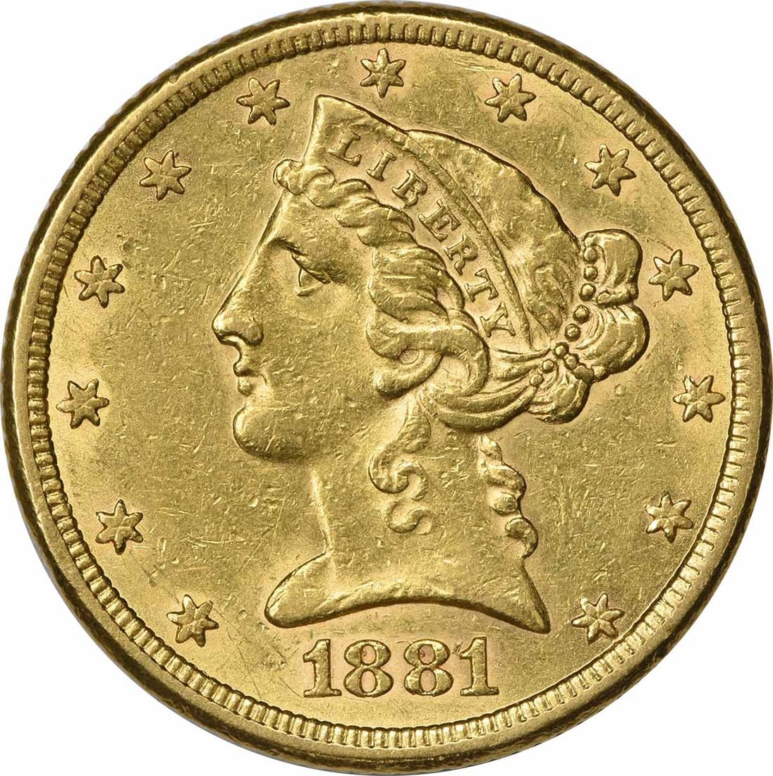 1881 $5 Gold Liberty Head Coin by Christian Gobrecht AU Uncertified: 1881 $5 Gold Liberty Head Coin by Christian Gobrecht AU Uncertified This 1881 $5 Gold Liberty Head coin is a remarkable piece for collectors, showcasing the design by Christian Gobrecht. Struck at the