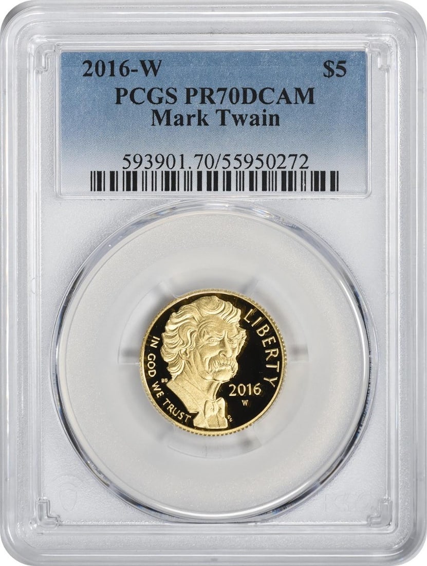 2016-W Mark Twain $5 Gold Coin PR70DCAM PCGS Uncirculated: 2016-W Mark Twain $5 Gold Coin PR70DCAM PCGS Uncirculated This stunning 2016-W Mark Twain Commemorative $5 Gold coin is a must-have for collectors and enthusiasts. Graded PR70 by PCGS, this uncirculat