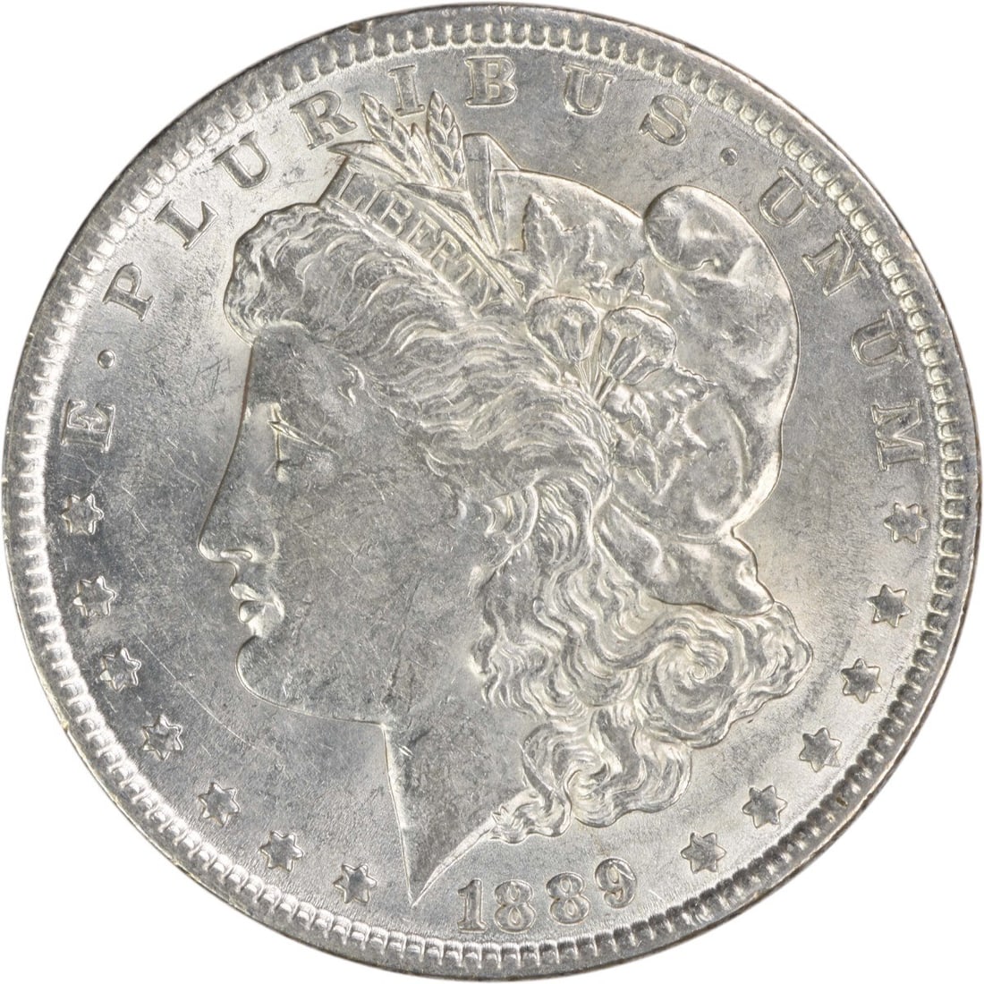 AU 1889 Philadelphia Morgan Dollar 90 Percent Silver Uncertified Coin: AU 1889 Philadelphia Morgan Dollar 90 Percent Silver Uncertified Coin This 1889 Morgan Silver Dollar is a circulated coin from the United States, struck at the Philadelphia Mint with no mint mark. Com