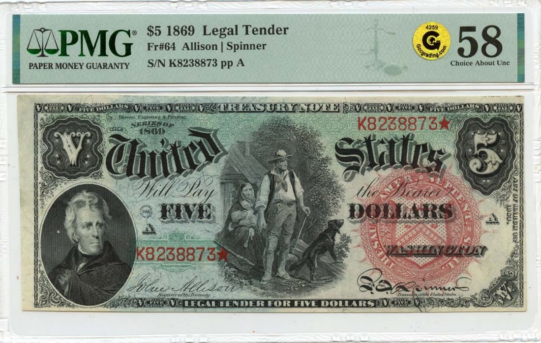 1869 Five Dollar Legal Tender Note PMG AU58 Graded Rainbow Woodchopper: 1869 Five Dollar Legal Tender Note PMG AU58 Graded Rainbow Woodchopper This 1869 $5 Legal Tender Note, known as the "Rainbow Woodchopper," is a circulated United States banknote graded AU58 (About Unc
