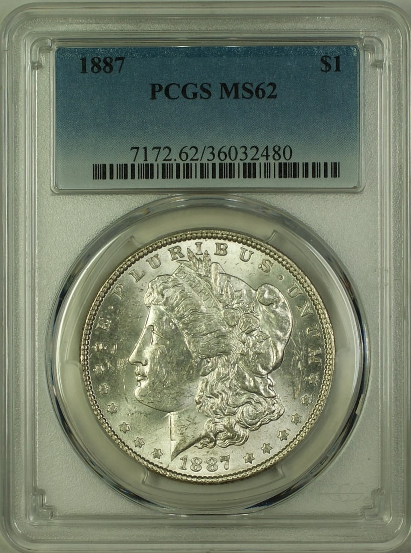 PCGS MS62 1887 Philadelphia Morgan Dollar Silver $1 Coin: PCGS MS62 1887 Philadelphia Morgan Dollar Silver $1 Coin This 1887 Morgan Silver Dollar is a $1 coin from the United States, minted in Philadelphia. Certified by PCGS with a grade of MS-62, this uncir
