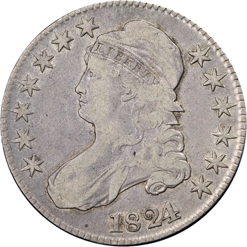 1824 Over 1 Capped Bust Half Dollar Silver F Plus O-101a R2: 1824 Over 1 Capped Bust Half Dollar Silver F Plus O-101a R2 This 1824/1 Capped Bust Half Dollar is a circulated coin with a Choice F+ grade and 0-101a R.2 attribution. It features great eye appeal, a