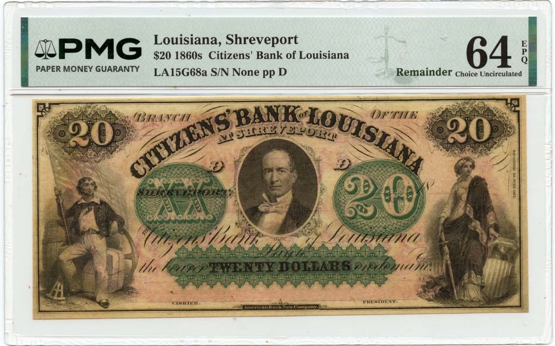 Citizens Bank Shreveport Louisiana $20 Obsolete Currency PMG CU64 EPQ: Citizens Bank Shreveport Louisiana $20 Obsolete Currency PMG CU64 EPQ This is an 1860s $20 obsolete note from Citizens Bank in Shreveport, Louisiana. The note has been certified by PMG with a grade of