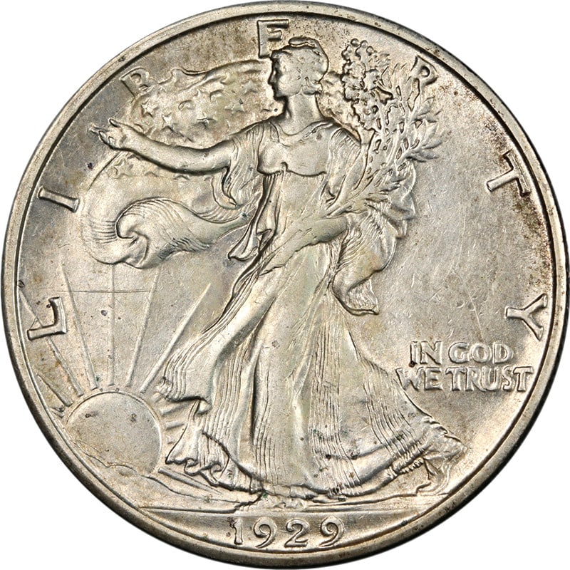 1929-D Silver Walking Liberty Half Dollar AU BU Eye Appeal Denver Mint: 1929-D Silver Walking Liberty Half Dollar AU BU Eye Appeal Denver Mint This 1929-D Walking Liberty Half Dollar features attractive eye appeal, strong luster, and a well-defined strike. The coin is mos