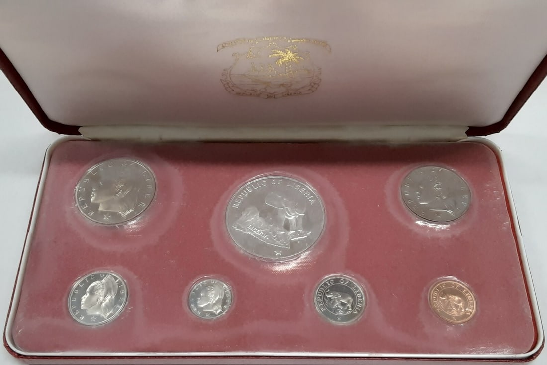 1973 Liberia Seven Piece Proof Coin Set Featuring Sterling Silver Five Dollar: 1973 Liberia Seven Piece Proof Coin Set Featuring Sterling Silver Five Dollar This is a 1973 Republic of Liberia 7-coin proof set that includes a sterling silver $5 coin. The set is housed in its orig
