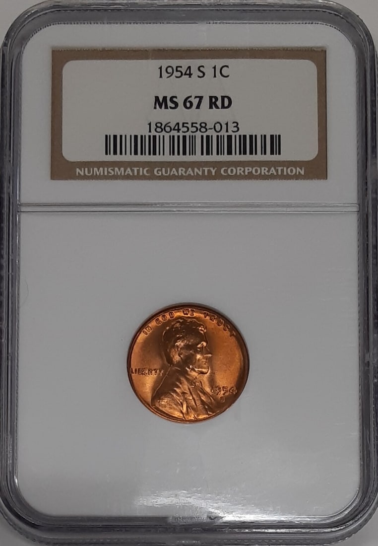 NGC MS-67 RD Lincoln Wheat Cent 1954-S San Francisco Mint: NGC MS-67 RD Lincoln Wheat Cent 1954-S San Francisco Mint This 1954-S Lincoln Wheat Cent is a small cent minted in San Francisco. Certified by NGC with a grade of MS-67 RD, this uncirculated coin is c
