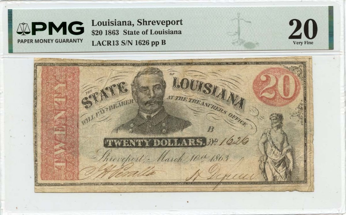 State of Louisiana 1863 Shreveport $20 Obsolete Currency PMG VF20: State of Louisiana 1863 Shreveport $20 Obsolete Currency PMG VF20 This is an 1863 $20 obsolete note issued by the State of Louisiana in Shreveport. The note has been certified by PMG with a grade of V