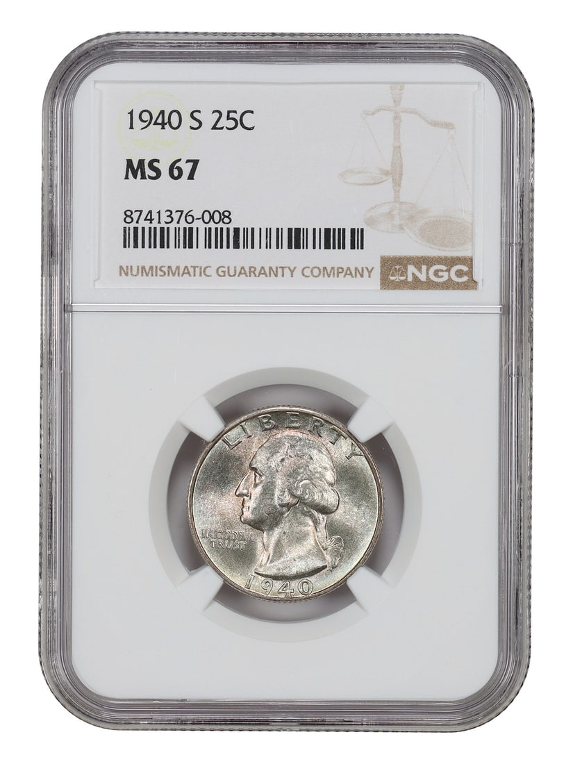NGC MS67 1940 San Francisco 25C Washington Quarter Uncirculated: NGC MS67 1940 San Francisco 25C Washington Quarter Uncirculated This is a 1940-S Washington Quarter graded MS67 by NGC. The coin is uncirculated and was minted in San Francisco. It is part of the Wash