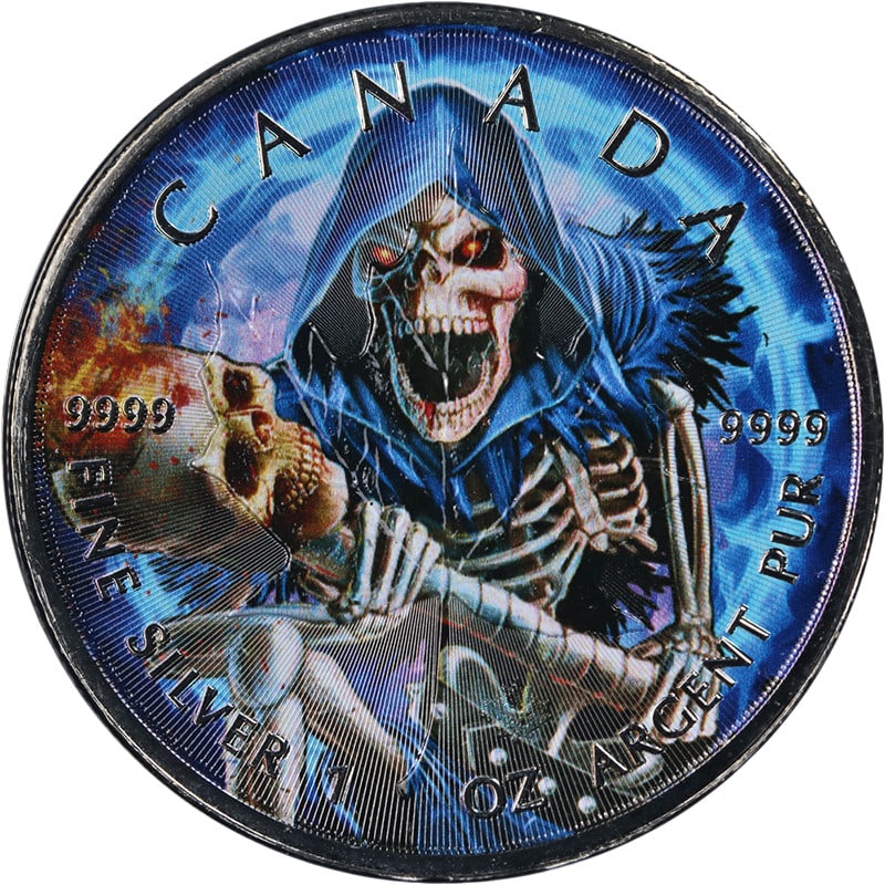 Armageddon VII Grim Reaper Colorized 2024 Canada 1 oz Silver Maple Leaf Coin: Armageddon VII Grim Reaper Colorized 2024 Canada 1 oz Silver Maple Leaf Coin This 2024 Canada 1 Ounce Silver Maple Leaf coin features the Armageddon VII: Grim Reaper colorized design. The coin is in m
