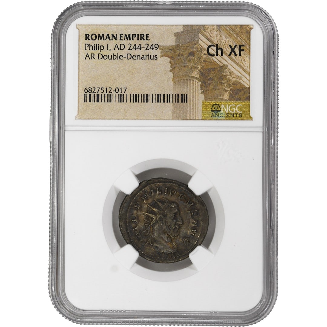 Roman Empire Double Denarius AR NGC Ch XF Philip I Certified Coin: Roman Empire Double Denarius AR NGC Ch XF Philip I Certified Coin This is a rare Roman Empire AR Double Denarius coin issued under the rule of Philip I, dating from AD 244-249. The coin is certified b