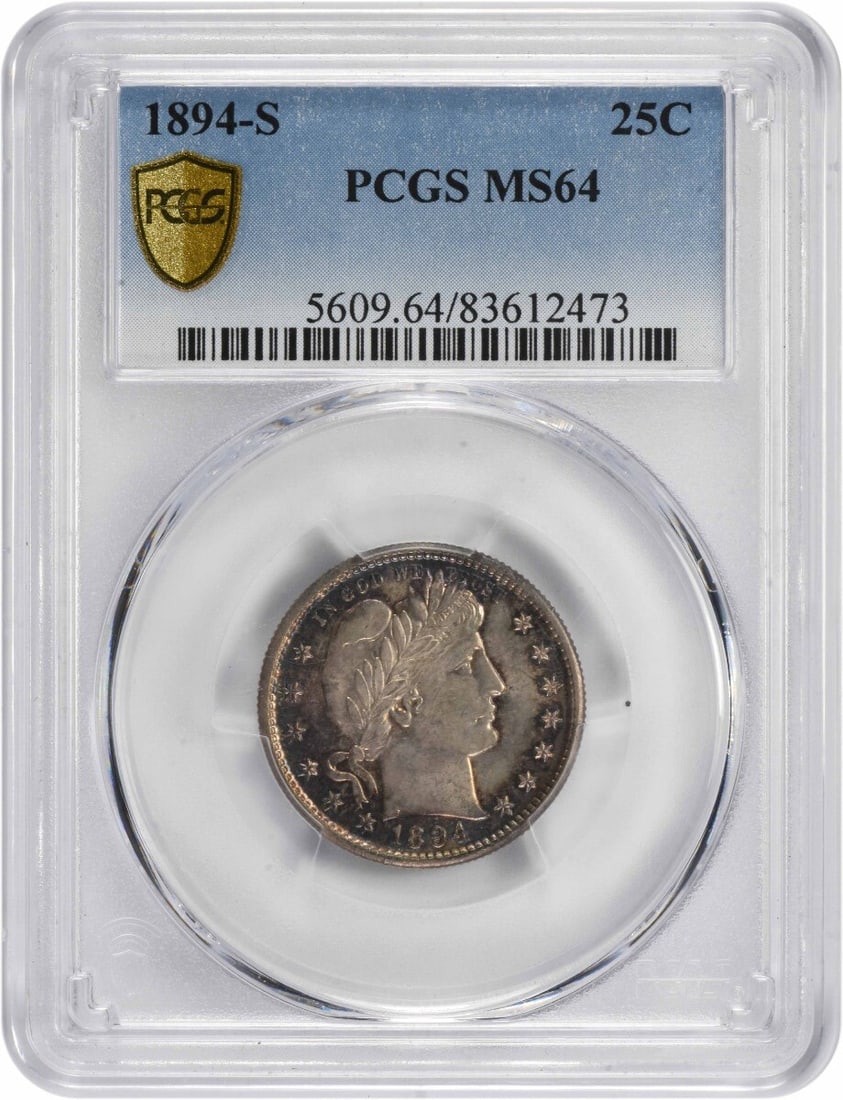 1894-S Barber Silver Quarter MS64 PCGS Uncirculated Coin: 1894-S Barber Silver Quarter MS64 PCGS Uncirculated Coin This 1894-S Barber Silver Quarter is a stunning example graded MS64 by PCGS, indicating its uncirculated condition. Struck in San Francisco, th