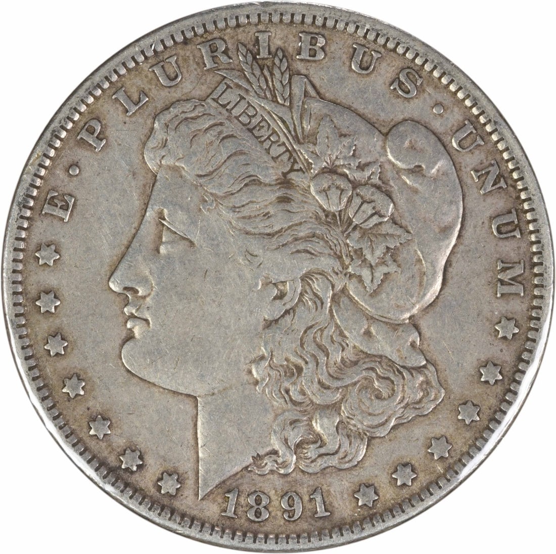 1891 Morgan Silver Dollar VAM 2 Doubled Ear Uncertified Coin: 1891 Morgan Silver Dollar VAM 2 Doubled Ear Uncertified Coin This 1891 Morgan Silver Dollar, featuring the distinctive Doubled Ear variety, is a striking piece of numismatic history. The coin is in ci