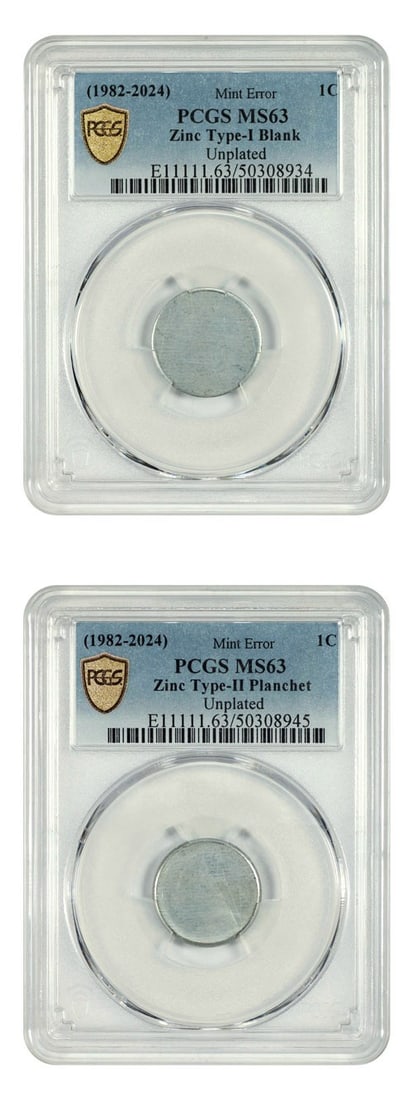 1982 Mint Error 1C PCGS MS63 T1 Blank T2 Planchet Unplated Zinc: 1982 Mint Error 1C PCGS MS63 T1 Blank T2 Planchet Unplated Zinc Explore this unique Mint Error set featuring a pair of 1982 Lincoln Cents certified by PCGS with a grade of MS63. This exceptional set i