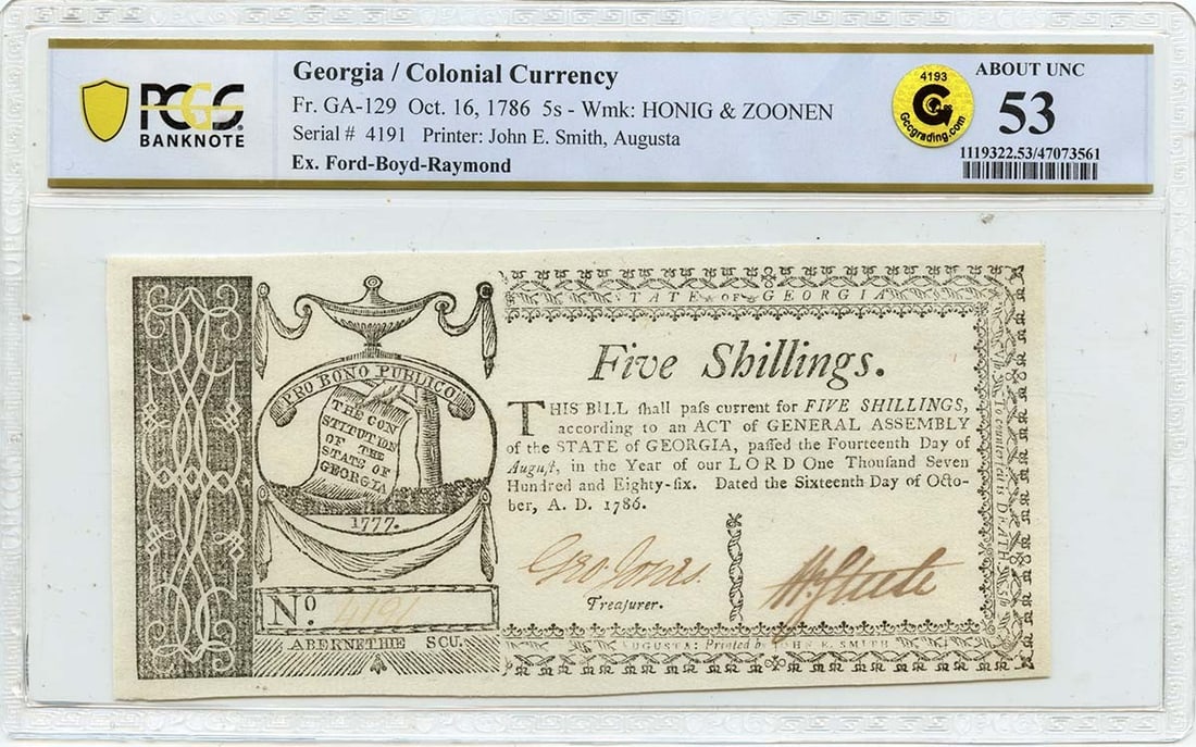 1786 5 Shillings Georgia Colonial Currency GA-129 PCGS AU53 Top Pop: 1786 5 Shillings Georgia Colonial Currency GA-129 PCGS AU53 Top Pop This 1786 5 Shillings Georgia Colonial Currency (GA-129) is certified by PCGS with a grade of AU53, indicating its well-preserved co