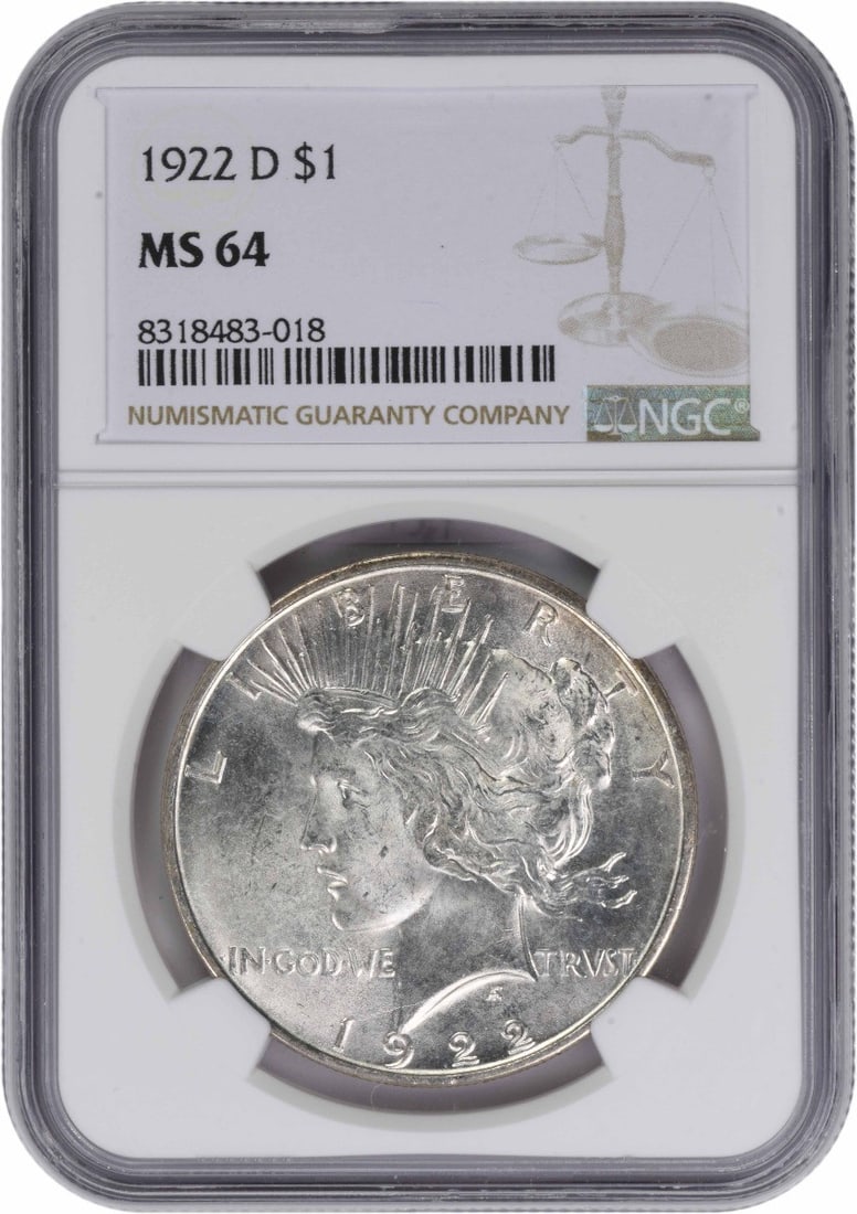 NGC MS64 Peace Dollar 1922 Denver Mint 90 Percent Silver Coin: NGC MS64 Peace Dollar 1922 Denver Mint 90 Percent Silver Coin This 1922-D Peace Silver Dollar is certified by NGC with a grade of MS64. Struck at the Denver Mint, this uncirculated coin is composed of