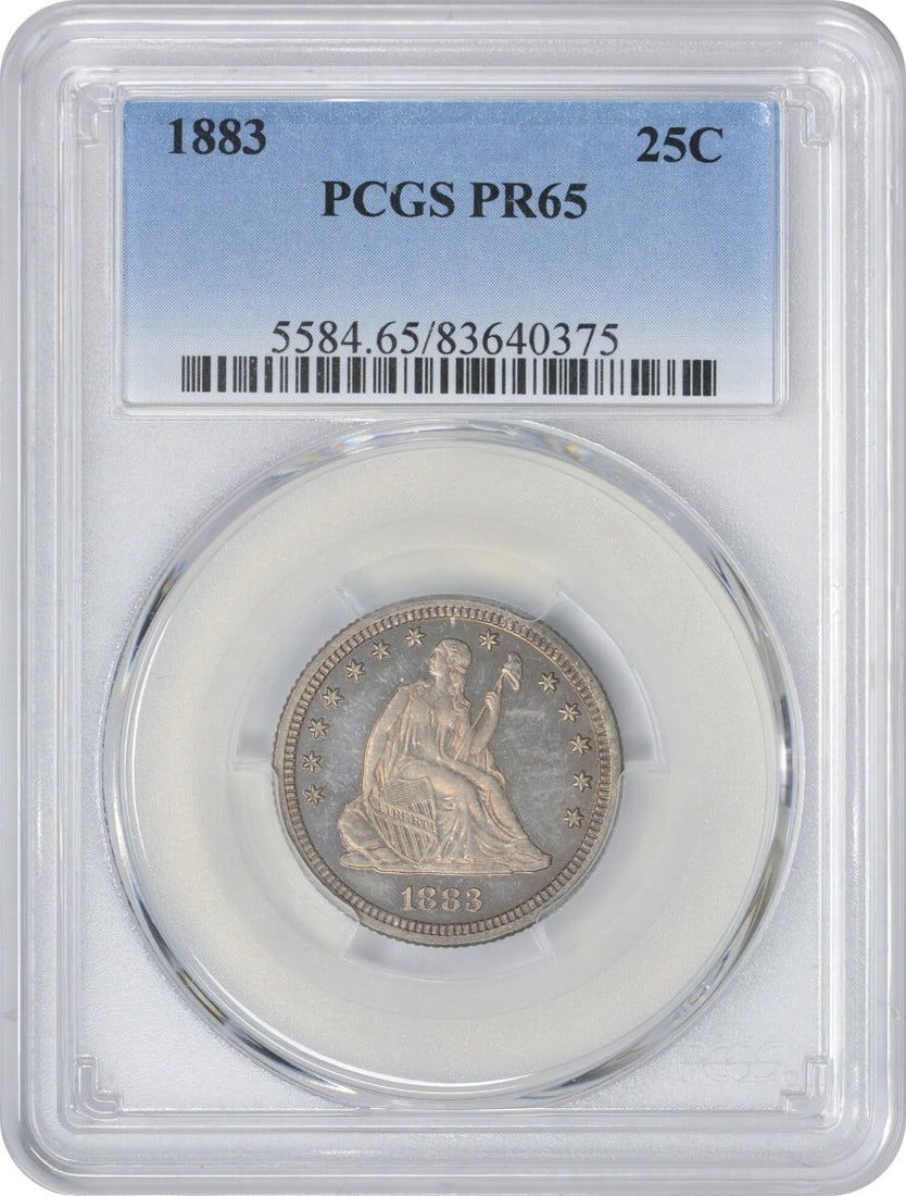 Proof 1883 Seated Liberty Quarter PCGS PR65 Philadelphia Mint: Proof 1883 Seated Liberty Quarter PCGS PR65 Philadelphia Mint This 1883 Liberty Seated Quarter is a proof strike coin graded PR65 by PCGS. Minted in Philadelphia, it features the classic Seated Libert